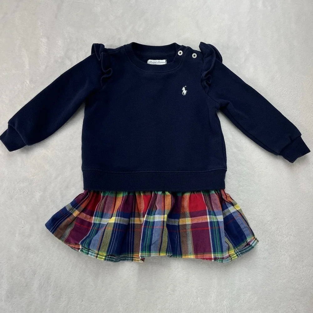 Ralph Lauren Madras-Skirt Fleece Dress Baby Girls 12m Fall Winter Plaid